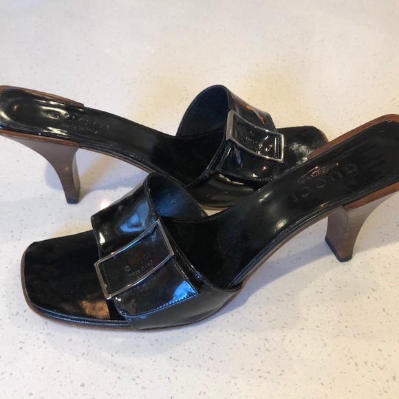 Gucci Shoes - Gucci patent leather buckle mules w wood kitten he